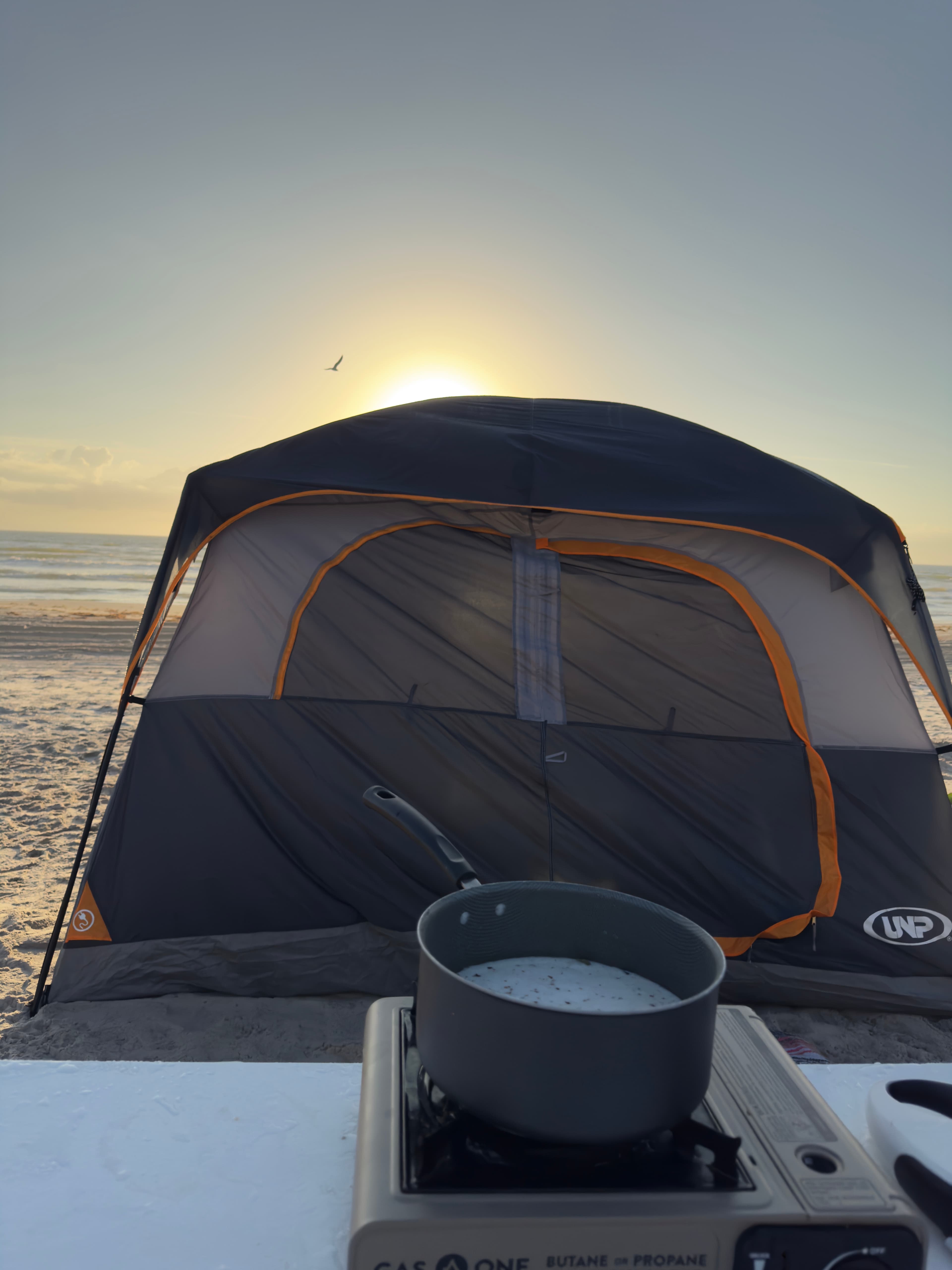 Beachside camp kitchen at sunrise.